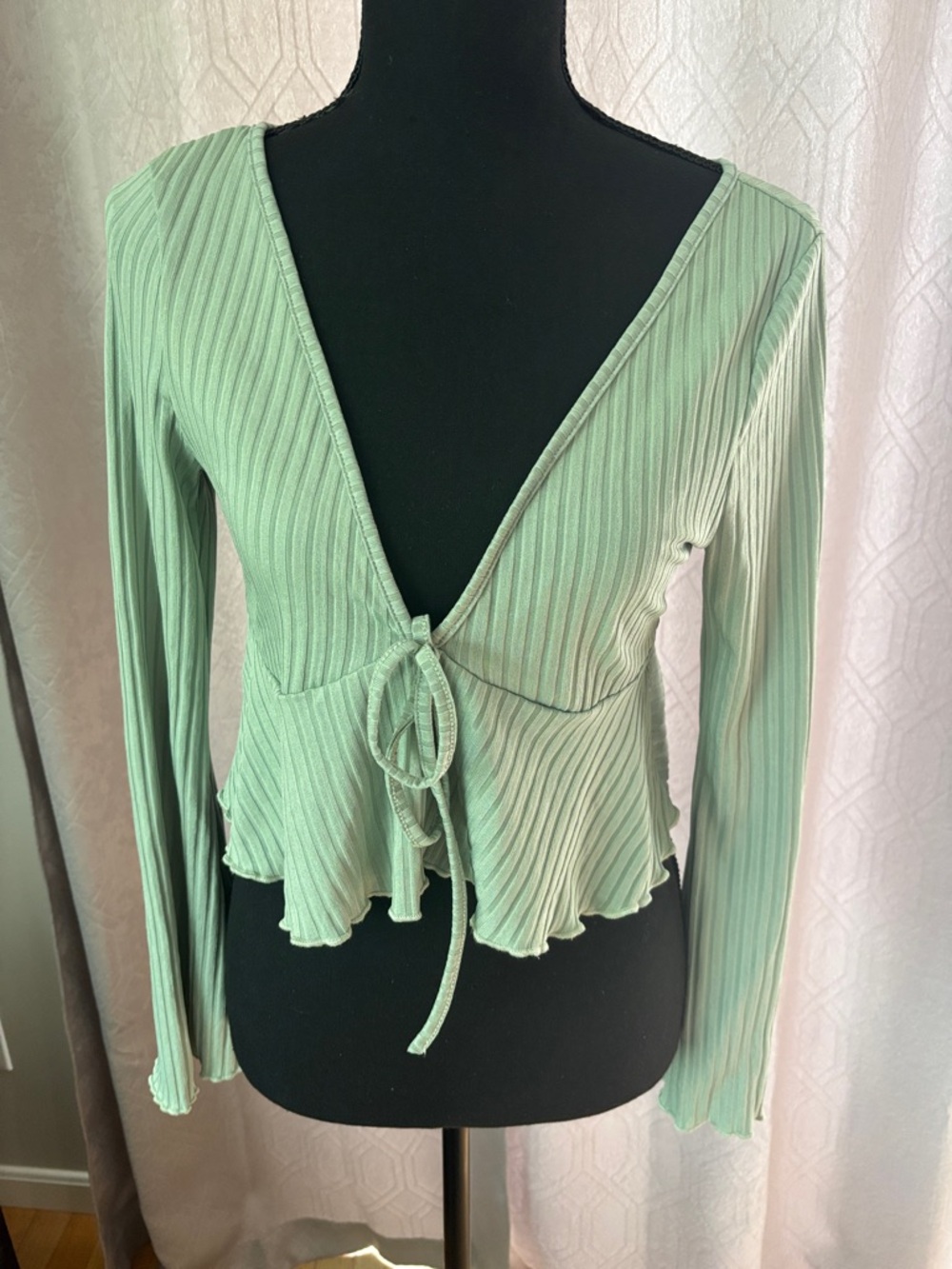 SHEIN Sage Green Ribbed Tie-Front Crop Top